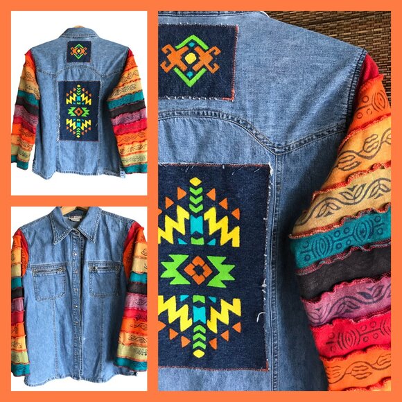 Upcycled Denim Jacket, Size M: Hand-Painted Aztec Patches, Colorful Sleeves - Picture 12 of 12